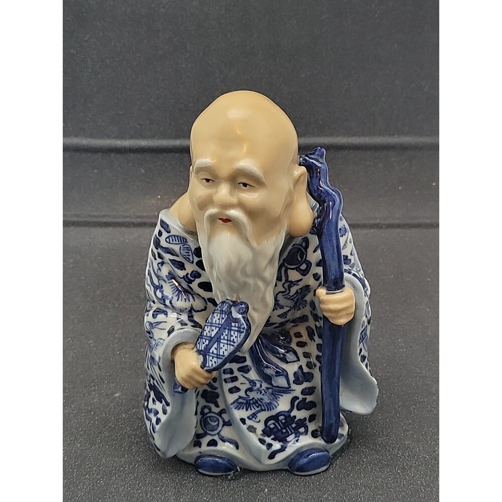 Vtg Kutani Blue & White Old Man Porcelain Statue Figure Japan Elder 6 3/4" Asia